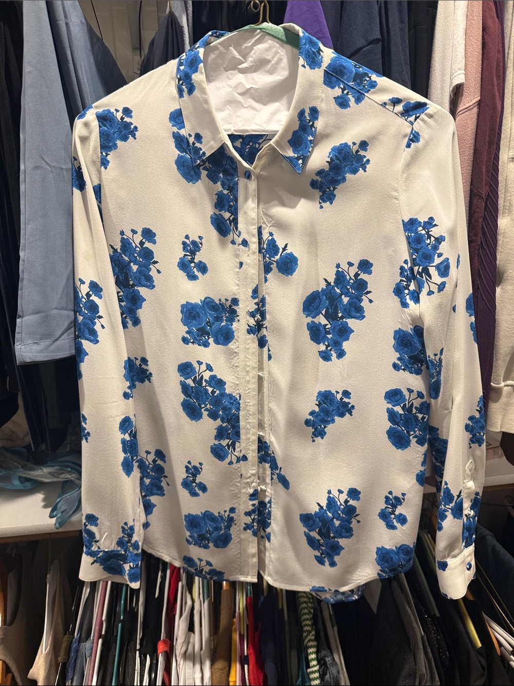 baldwin White Button-Up Blouse with Blue Floral Print